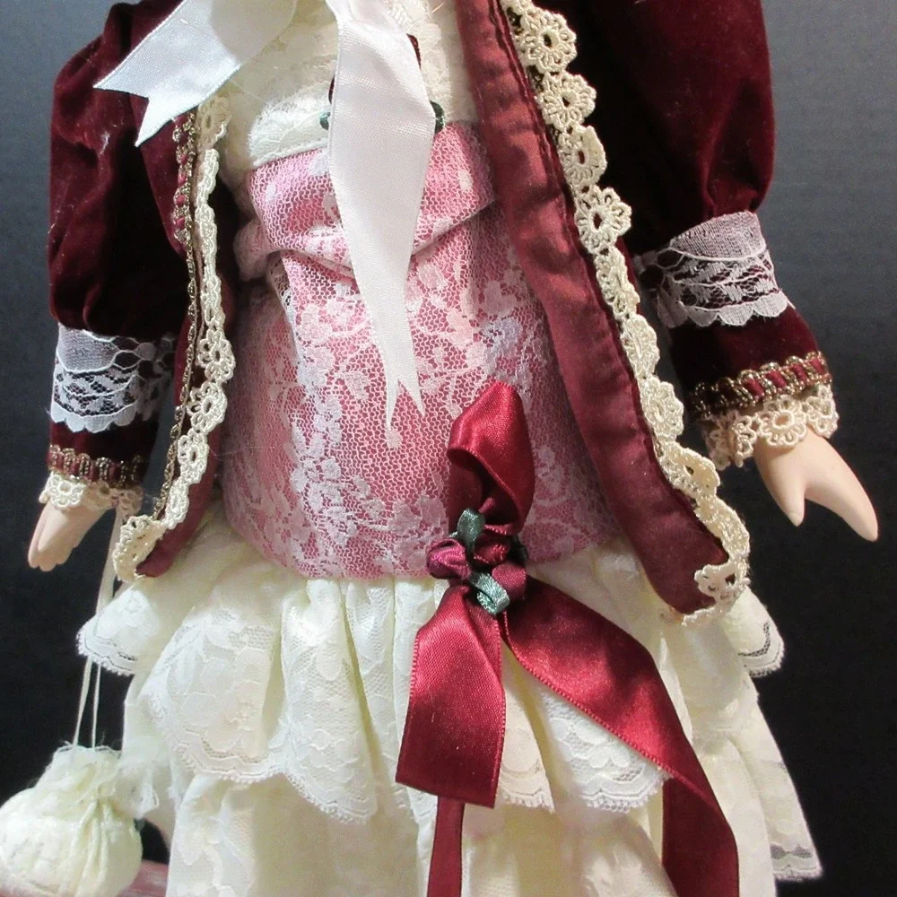 VTG Porcelain Doll in Victorian Burgundy Velvet & Lace Dress with Hat - 16